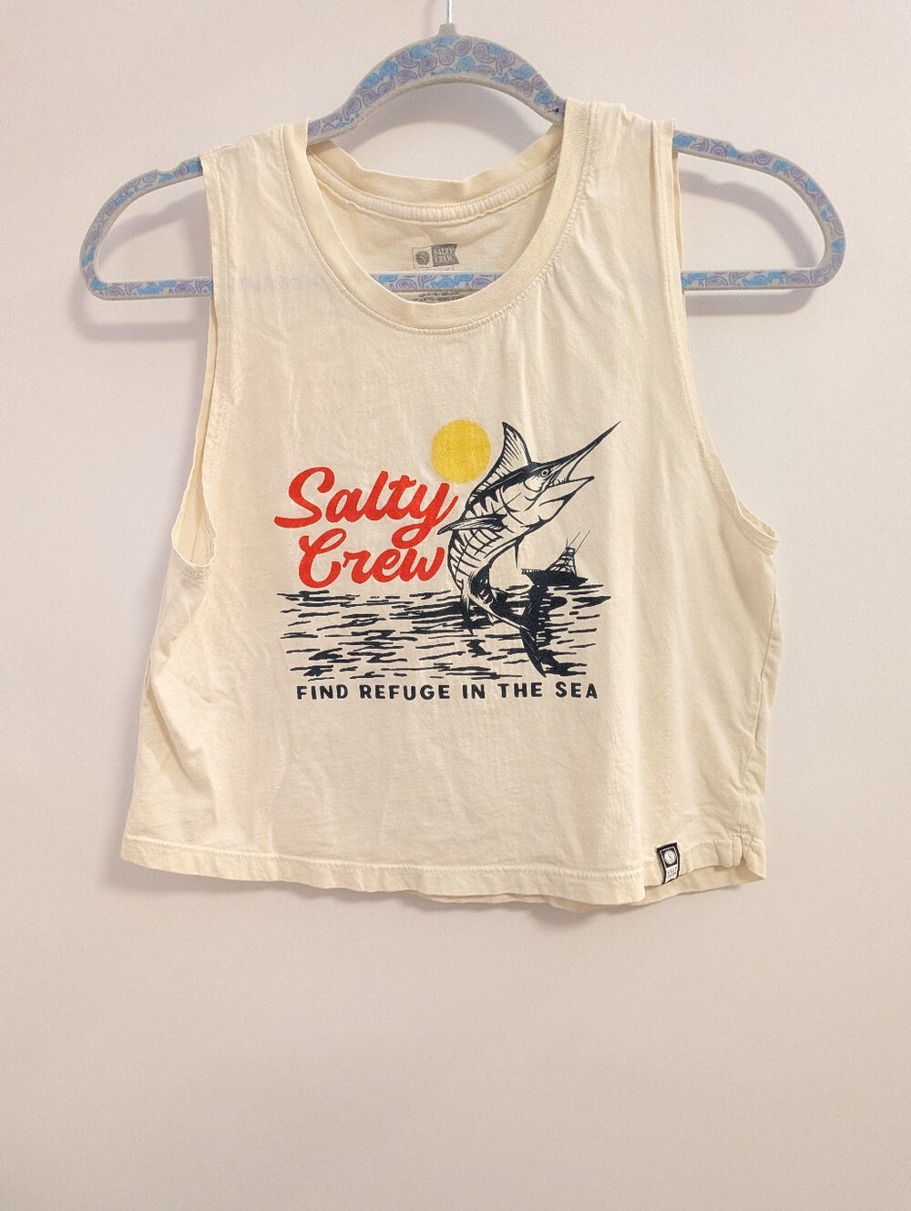Salty Crew Cream Tank with Red Script & Navy Marlin Graphic